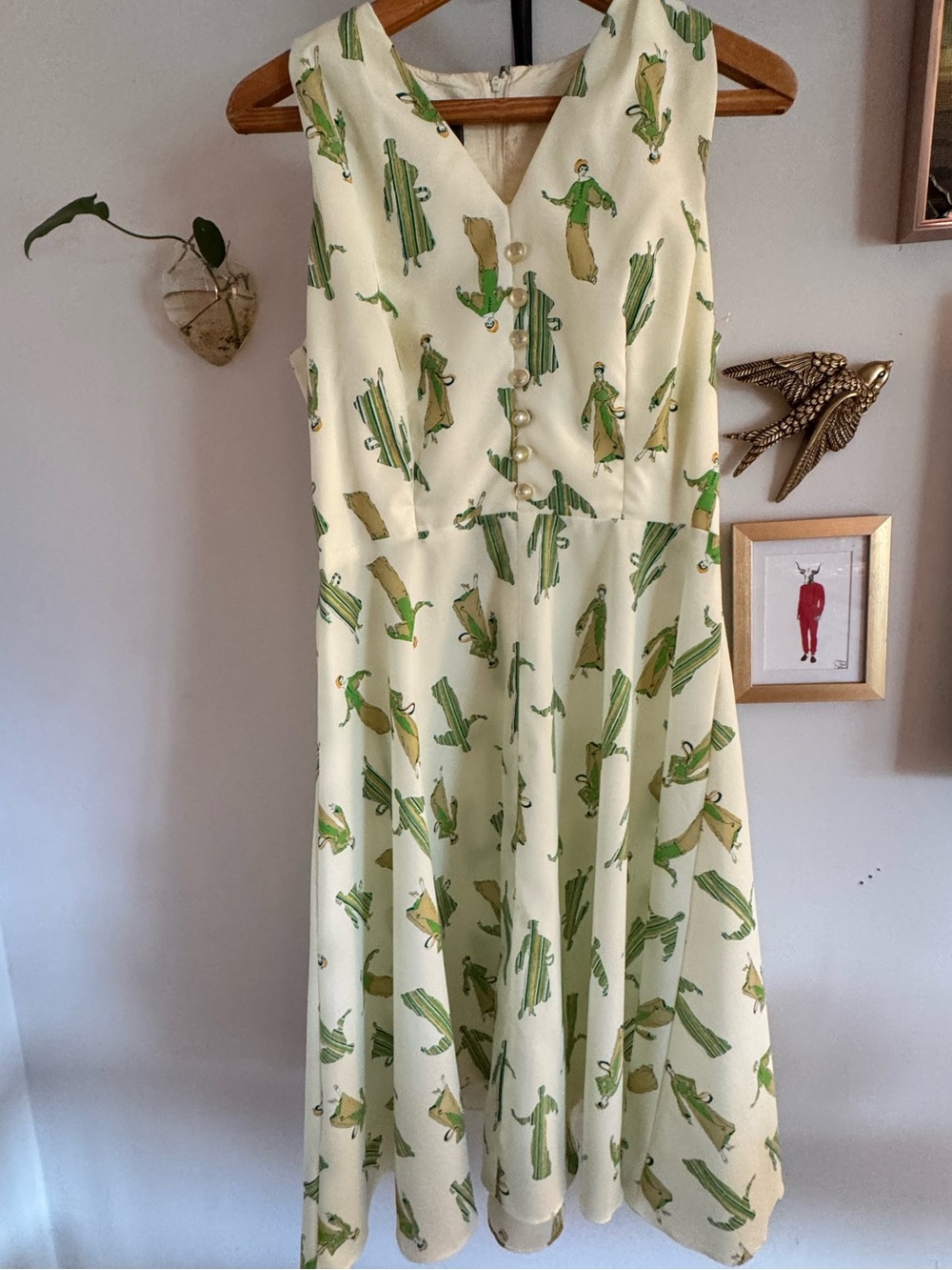 VINTAGE JANDY GRAY made in Canada Green Print Cream A-Line Dress
